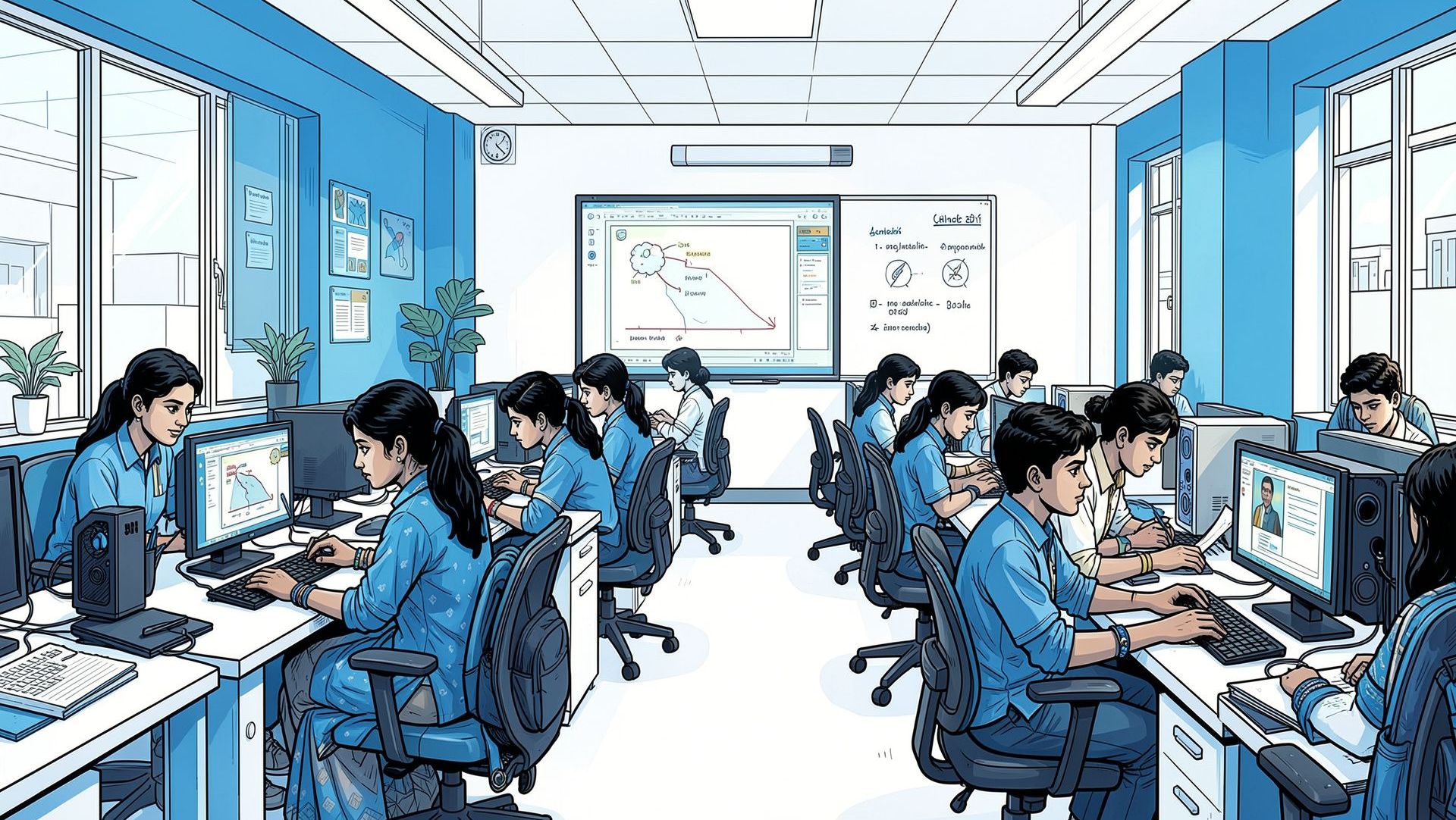 Students learning in a modern computer lab